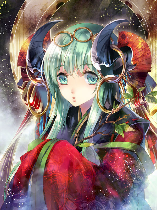 green_hair, horns, japanese_clothes, kimono, new_year, noki_(affabile), original, twig