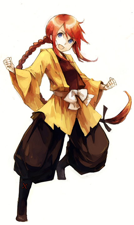 bandage, blue_eyes, braid, monk_(sekaiju), nemu_(isaya), nemu_(pixiv), red_hair, redhead