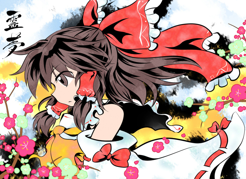 aji082, ascot, bow, cherry_blossoms, detached_sleeves, flower, hair_bow, hair_ornament