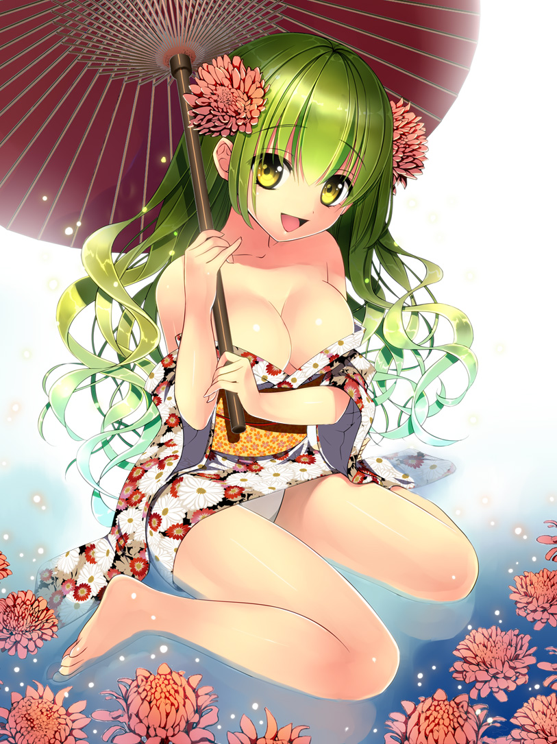 :d, bare_legs, bare_shoulders, barefoot, breasts, cleavage, floral_print, flower