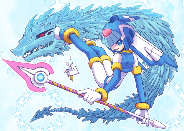 blue_hair, bodysuit, dragon, fairy_leviathan, gloves, gynoid, helmet, javalin