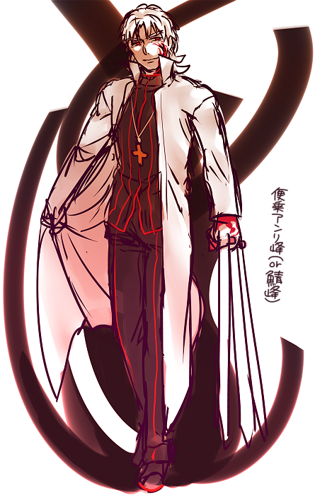 1boy, black_keys, coat, cross, cross_necklace, dark_persona, dark_sakura_(cosplay), fate/stay_night