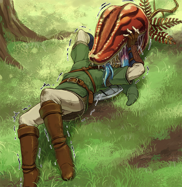 belt, blonde_hair, boots, deku_baba, eating, fangs, fingerless_gloves, gauntlets, gloves, grass, green_shirt, hat, link, male, monster, motion_lines, nijiru46, nintendo, pants, plant, saliva, shield, shiwashiwa_no_kinchakubukuru, the_legend_of_zelda, tongue, twilight_princess, vore