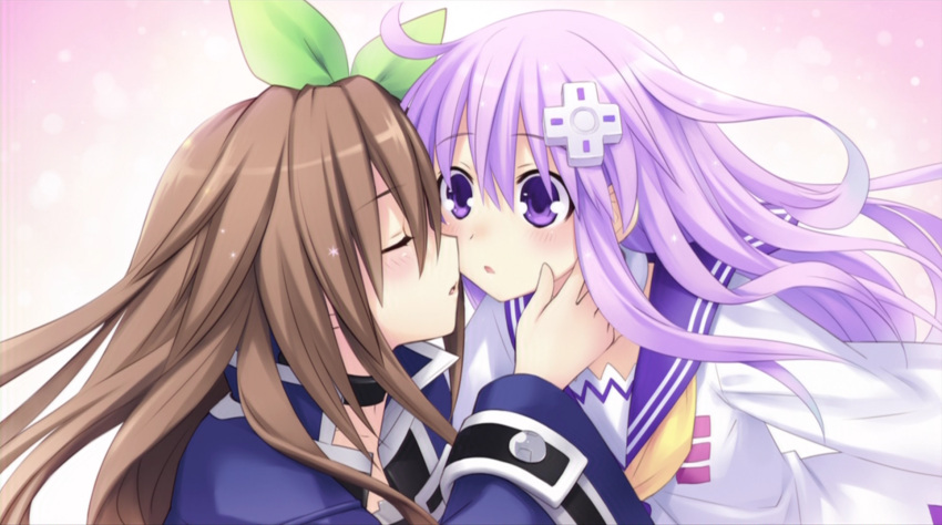 blush, brown_hair, cheek_kiss, choker, choujigen_game_neptune, choujigen_game_neptune_mk2, closed_eyes, cross