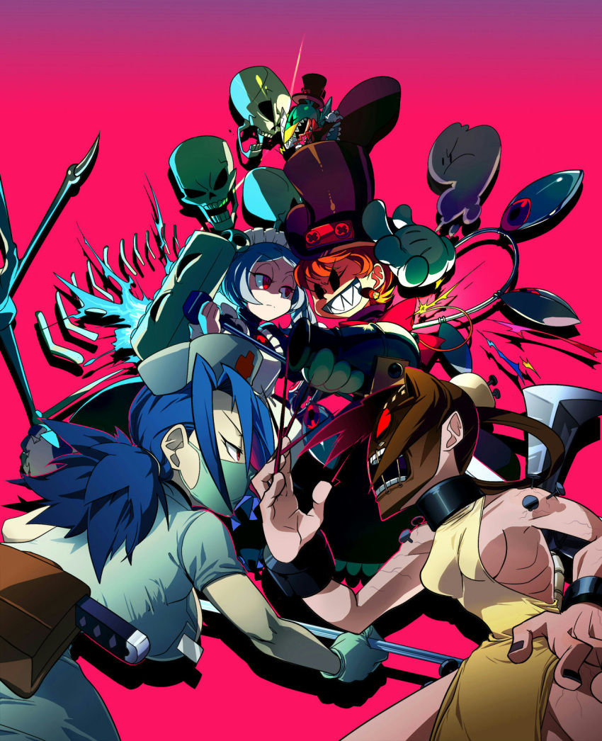 +_+, apron, avery_(skullgirls), bandage, bandages, bare_shoulders, battle, black_hair