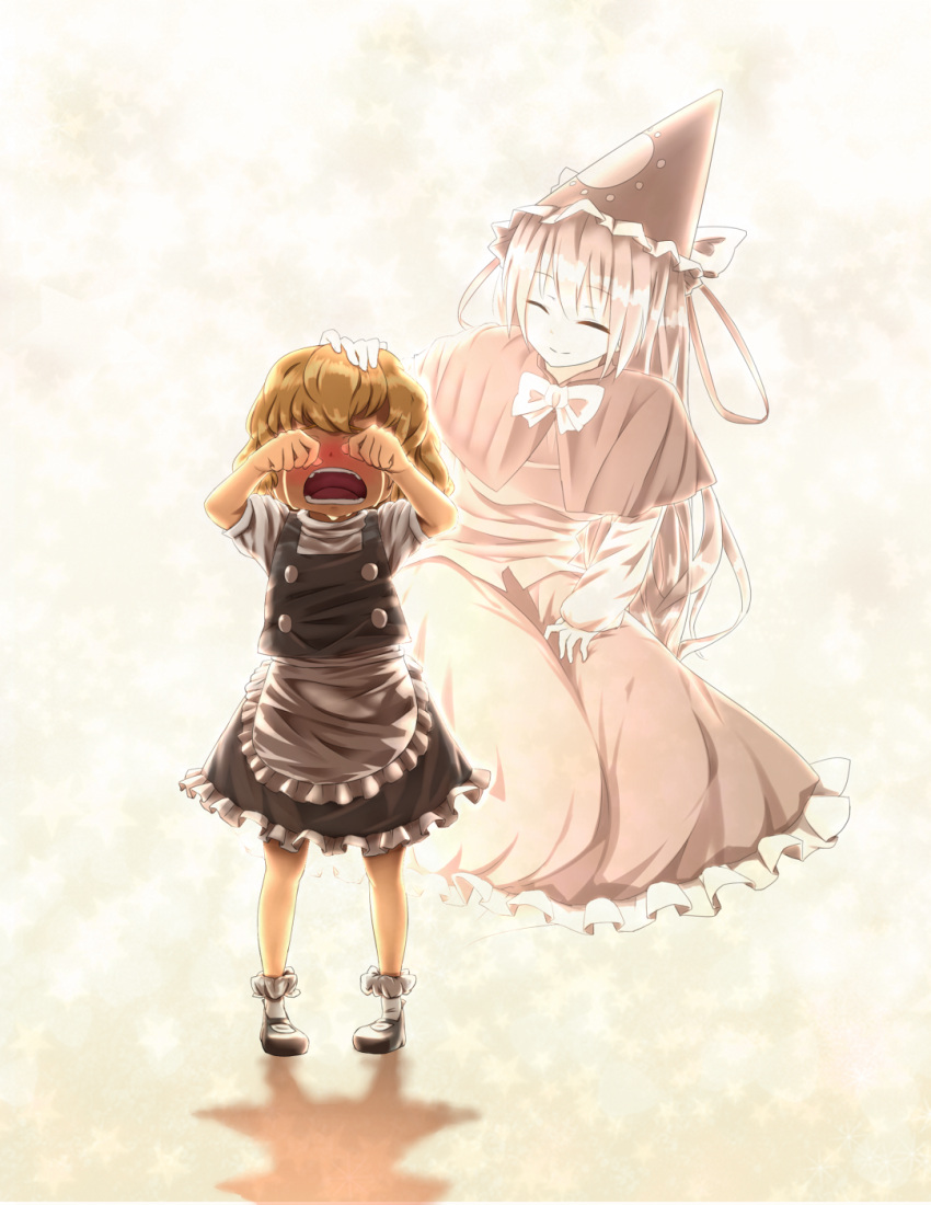 ^_^, apron, blonde_hair, blush, bow, capelet, child, closed_eyes