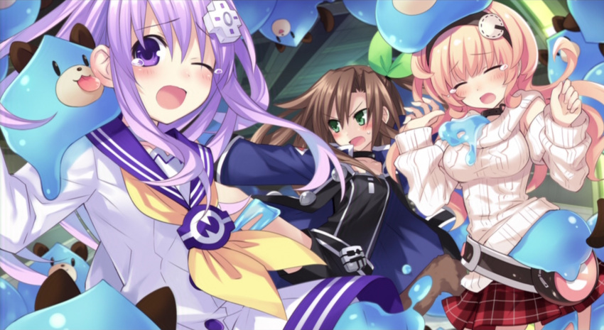 absurdres, bow, brown_hair, choujigen_game_neptune, choujigen_game_neptune_mk2, closed_eyes, compa, dogoo