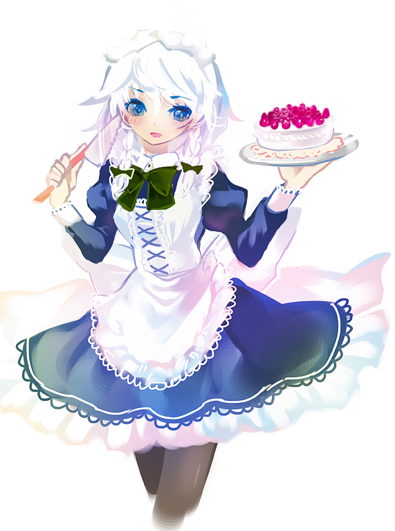 blue_eyes, blush, braid, cake, cake_slicer, food, izayoi_sakuya, maid