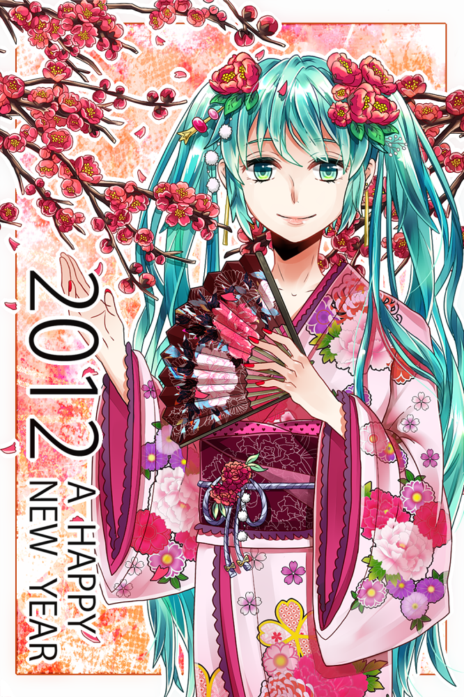2012, aqua_eyes, aqua_hair, bad_id, cherry_blossoms, eringi, fan, flower