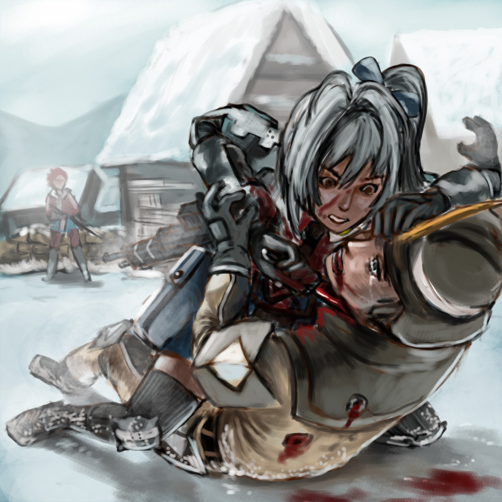 1boy, 2girls, blood, bow, bullet_hole, cqc, death, gloves