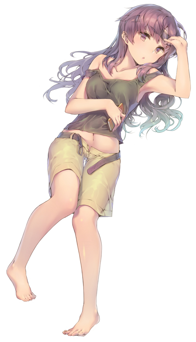 armpits, bare_shoulders, barefoot, belt, ds_mairu, eyepatch, eyepatch_lift, feet
