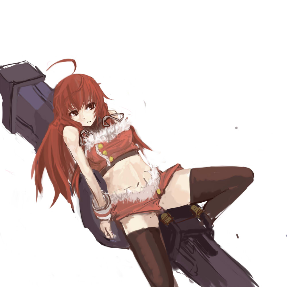 ahoge, bare_shoulders, black_legwear, character_request, crop_top, fur_trim, gunner's_broom, himuro_akari