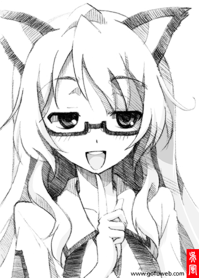 :d, animal_ears, blush, cat_ears, finger_to_mouth, flat_gaze, glasses, gofu