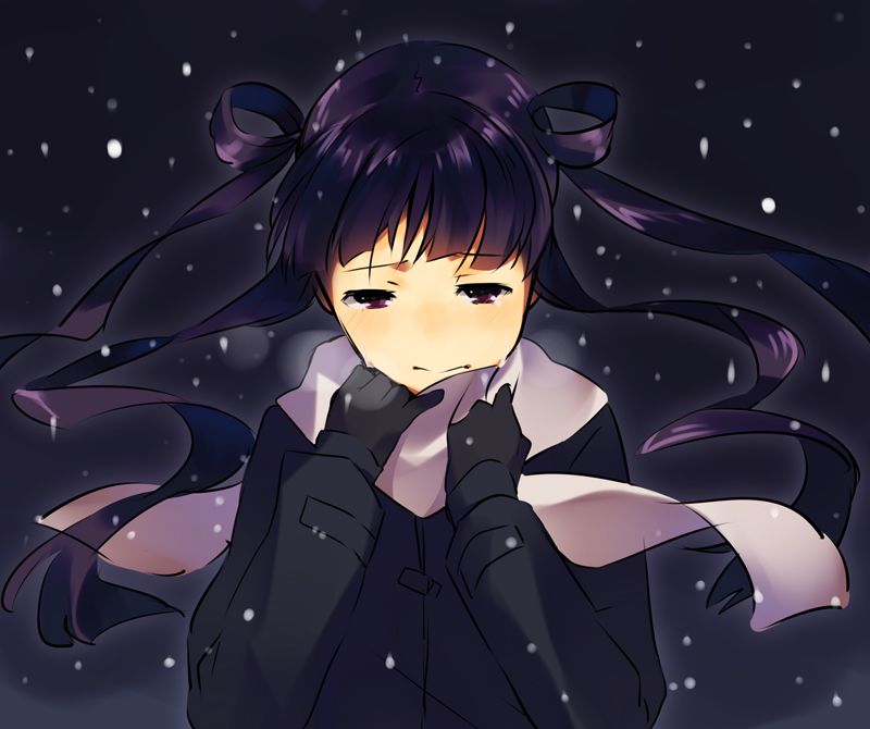 donut_(raemz), gloves, jacket, long_hair, original, purple_eyes, purple_hair, sad
