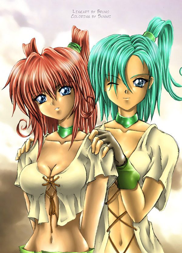2girls, aqua_hair, atalanta, blue_eyes, breasts, cleavage, ept, fingerless_gloves, gloves, green_eyes, hand_on_shoulder, large_breasts, midriff, multiple_girls, navel, ponytail, priston, pt, short_hair, smile, tale, turquoise_hair, twintails, wink