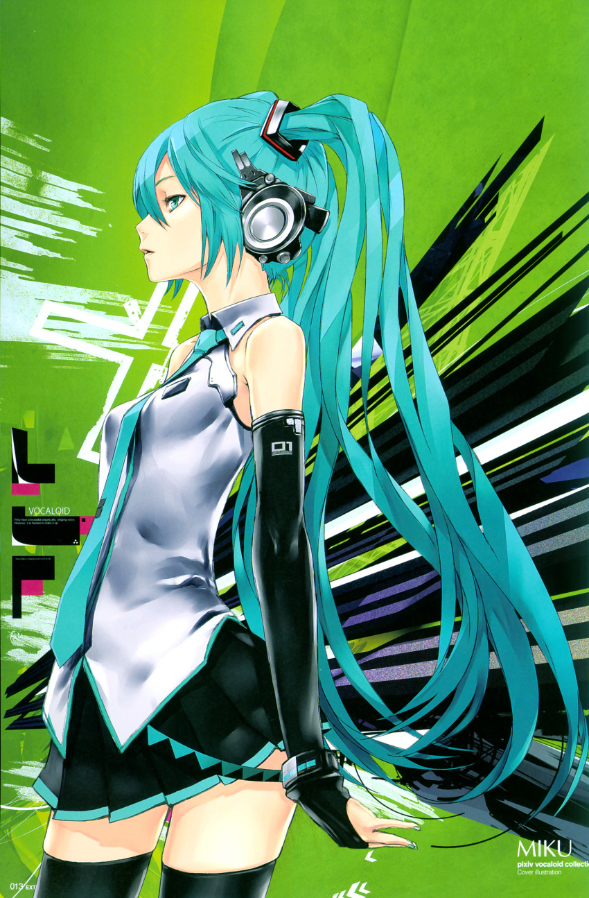 absurdres, aqua_eyes, aqua_hair, elbow_gloves, frutiger_metro, gloves, green_background, hatsune_miku