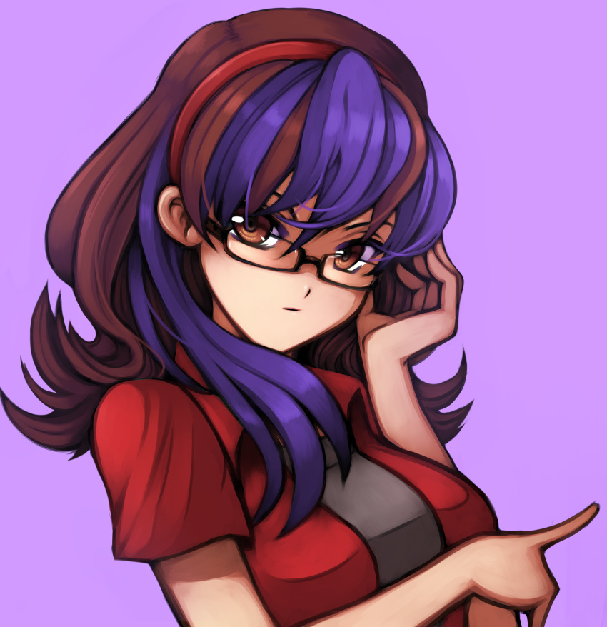 absurdres, brown_hair, copyright_request, denni_fallon, glasses, hairband, highres, multicolored_hair, purple_hair, short_hair, signomi, surviving_high_school