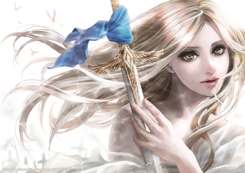 bandana, bird, blonde_hair, celes_chere, cocoon_(yuming4976), final_fantasy, final_fantasy_vi, floating_hair, green_eyes, lips, long_hair, realistic, solo, sword, weapon, yellow_eyes