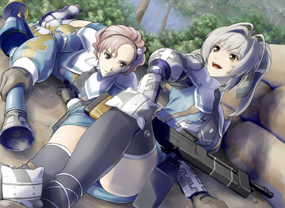 2girls, all_fours, armor, brown_eyes, coleen_celcius, coleen_celsius, female, forest