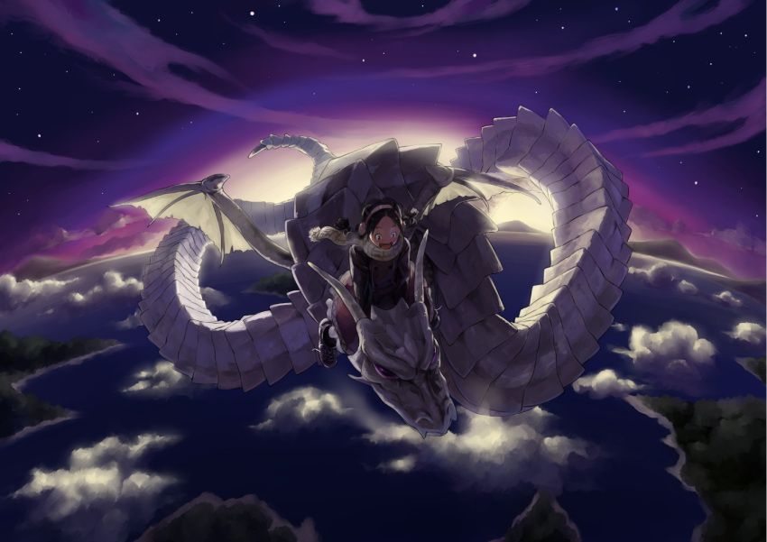 cloud, dragon, earmuffs, flying, highres, imaoka, open_mouth, original
