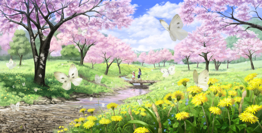 absurdres, bridge, butterfly, cherry_blossoms, cloud, creek, dandelion, flower