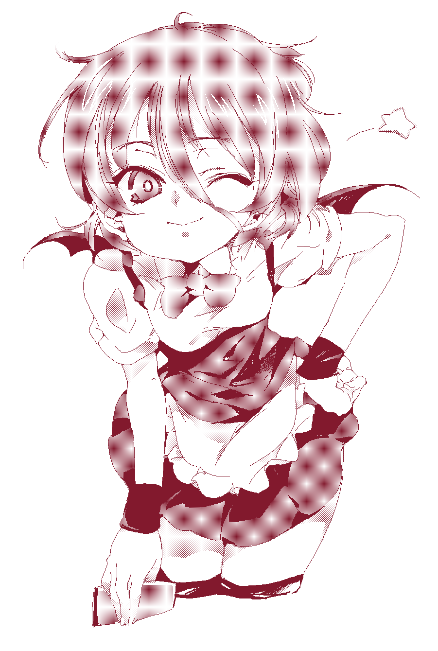 1girl, alabaster_(artist), alternate_costume, bat_wings, highres, monochrome, no_hat, remilia_scarlet