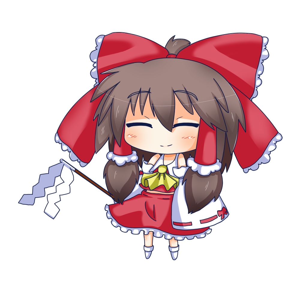 ascot, blush, bow, brown_hair, chibi, closed_eyes, detached_sleeves, eyes_closed, gohei, hair_bow, hair_tubes, hakurei_reimu, kenjichan252, miko, ribbon, skirt, smile, solo, standing, touhou, white_legwear