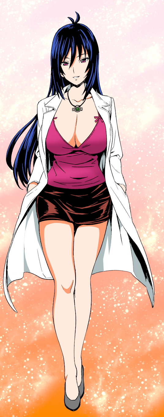 1girl, blue_hair, breasts, cleavage, female, huge_breasts, labcoat, legs