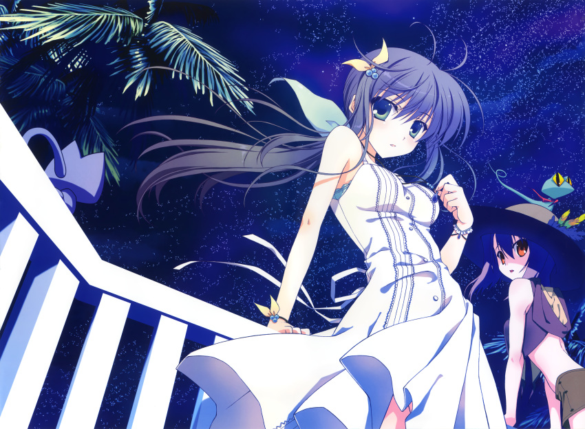 absurdres, bare_shoulders, black_hair, bow, bracelet, breasts, cat, dress, fixed, from_below, green_eyes, hair_bow, hair_ornament, hat, highres, huge_filesize, ice_&amp;_choco, jewelry, kokonobi, leaning_forward, long_hair, looking_at_viewer, looking_back, looking_down, midriff, multiple_girls, nanao_naru, necklace, neko, night, night_sky, open_mouth, original, palm_tree, ponytail, poteneko, short_shorts, shorts, sky, sleeveless, sleeveless_dress, star_(sky), summer_dress, tree, yellow_eyes