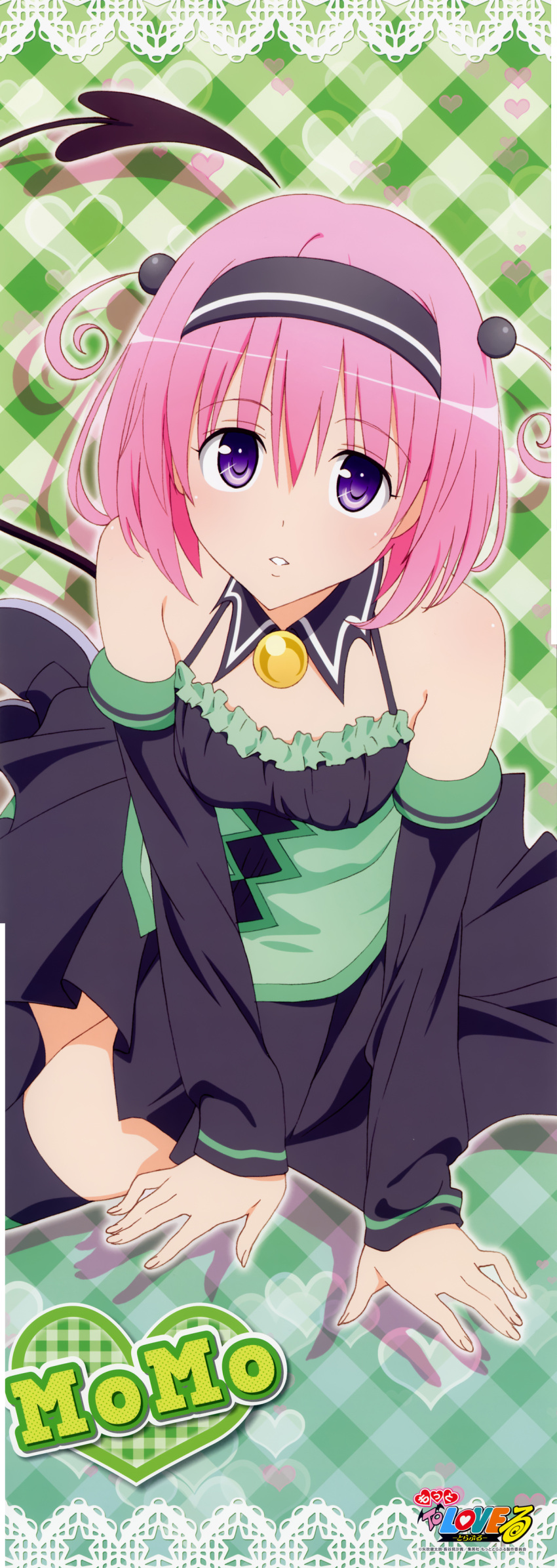 1girl, dress, green_eyes, highres, long_image, looking_at_viewer, momo_velia_deviluke, official_art, open_mouth, pink_hair, purple_eyes, scan, short_hair, sitting, solo, stick_poster, tail, tall_image, thigh-highs, thighhighs, tighhighs, to_love-ru, toloveru, twintails, violet_eyes