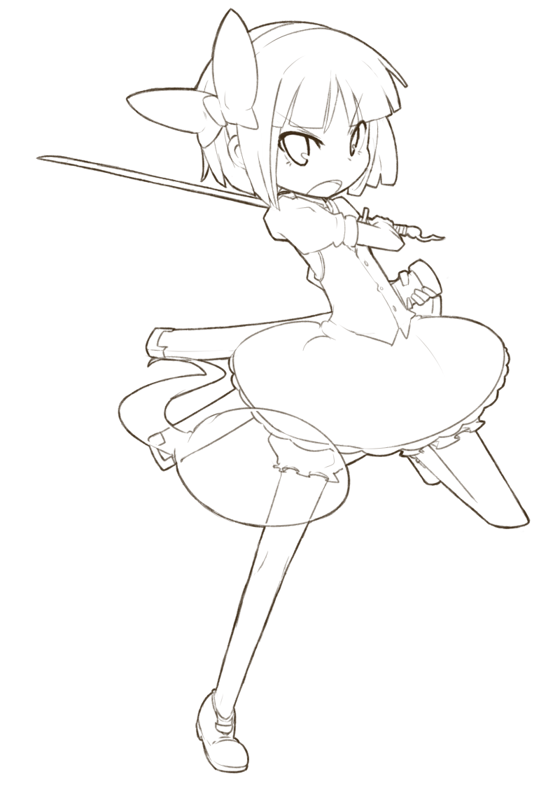 arai_seiryuu, bangs, bloomers, blunt_bangs, frilled_skirt, hair_ribbon, hairband, hitodama, holding, katana, konpaku_youmu, konpaku_youmu_(ghost), leg_up, monochrome, open_mouth, ribbon, scabbard, sheath, short_hair, short_sleeves, solo, sword, touhou, vest, wakizashi, weapon