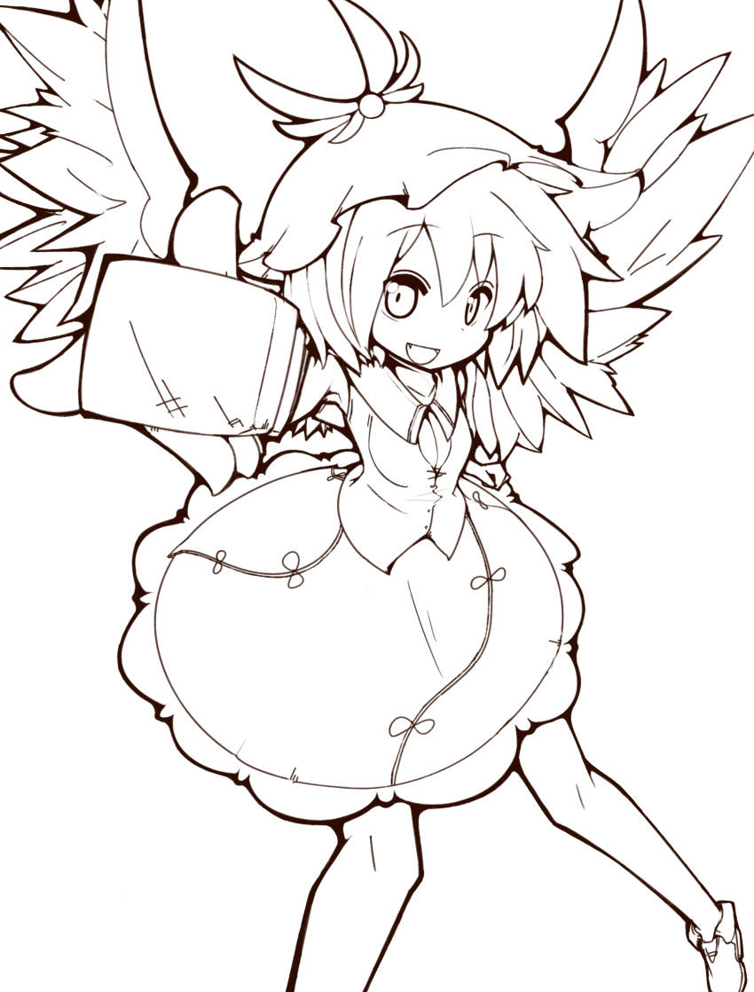 absurdres, arai_seiryuu, bow, breasts, cleavage, dress, fang, frilled_dress, frills, hat, highres, microphone, monochrome, mystia_lorelei, outstretched_arm, outstretched_hand, shoes, short_hair, smile, solo, touhou, vest, wings