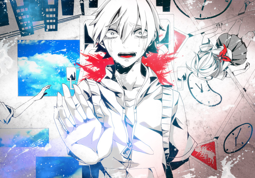 blood, blue_sky, clock, crying, jacket, kagerou_days_(vocaloid), neckerchief, outstretched_arm