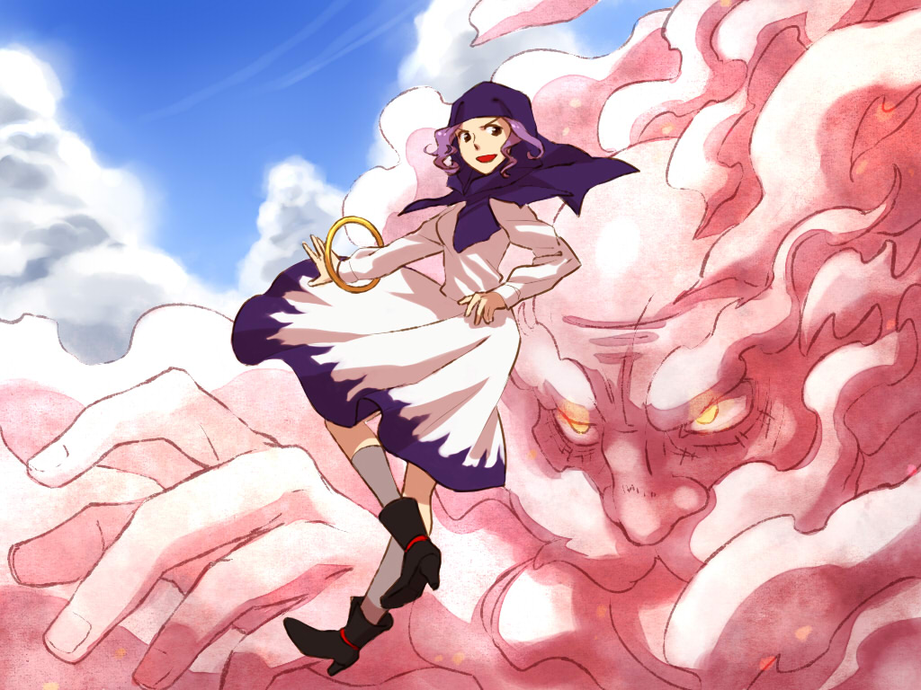 blue_hair, bracelet, cloud, clouds, high_heels, hood, jewelry, kebin