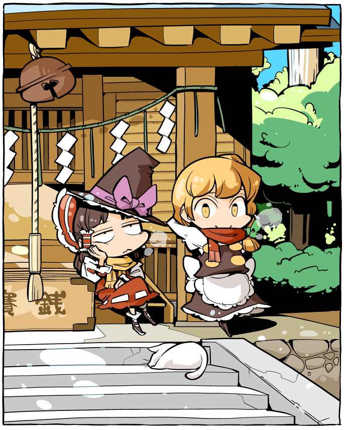 ascot, bell, blonde_hair, bored, bow, box, braid, brown_hair