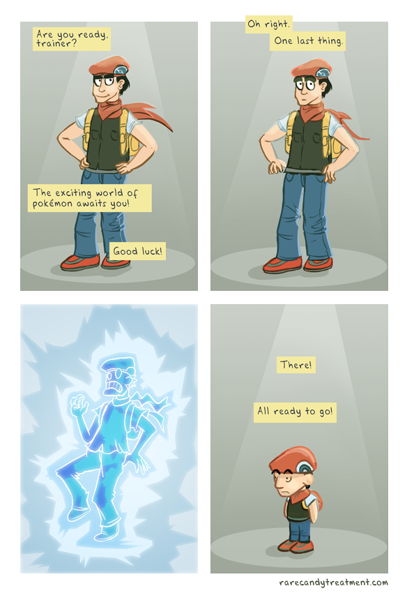 1boy, 4koma, backpack, bag, beret, black_hair, blue_background, bummerdude, chibi, child, comic, denim, electricity, english, eyebrows, gradient, gradient_background, grey_background, hands_on_hips, hat, jeans, kouki_(pokemon), kouki_(pokemon)_(classic), looking_at_viewer, looking_away, male, neckerchief, no_fingers, no_nose, o_o, on_one_foot, on_one_leg, parody, pocket, poke_ball, poke_ball_theme, pokemon, pokemon_(game), pokemon_diamond_and_pearl, pokemon_dppt, randoseru, shirt, shoes, smile, standing, standing_on_one_leg, surprised, teeth, truth, vest, watermark, web_address