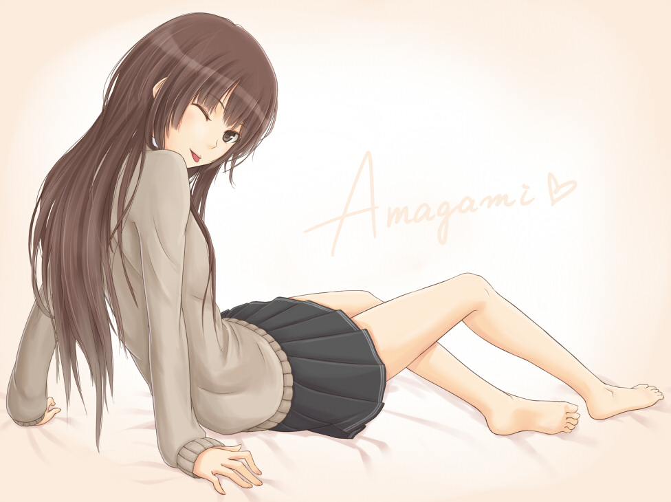 :p, akitotika, amagami, barefoot, brown_eyes, brown_hair, heart, kamizaki_risa, leaning_back, long_hair, pleated_skirt, school_uniform, skirt, solo, sweater, tongue, wink