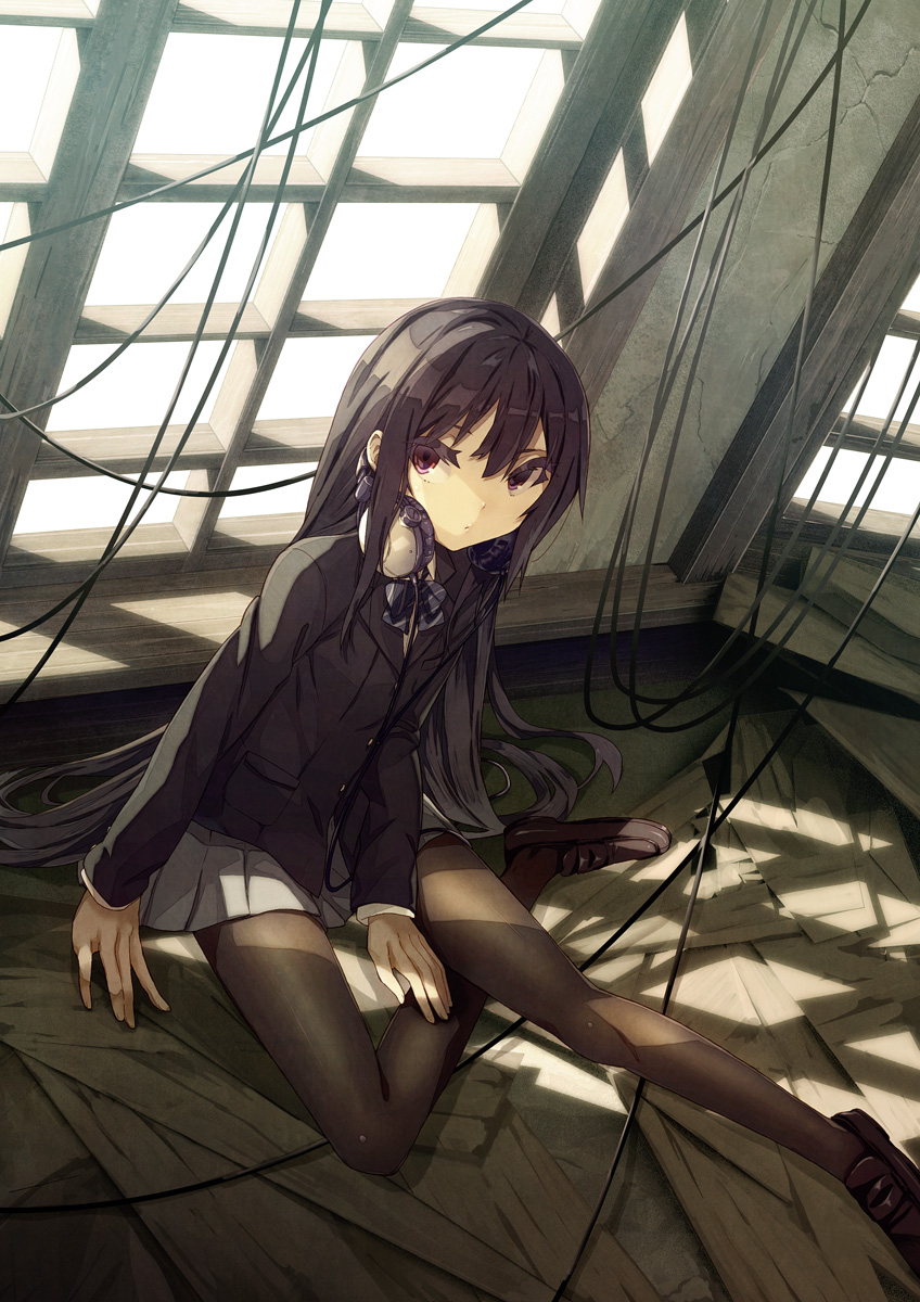 bad_anatomy, black_hair, black_legwear, blazer, bow, cable, headphones, headphones_around_neck, highres, houru, loafers, long_hair, looking_at_viewer, original, pantyhose, pleated_skirt, purple_eyes, quality, school_uniform, shoes, sitting, skirt, solo, very_long_hair, violet_eyes, window_shade, yokozuwari
