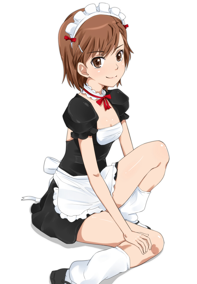 alternate_costume, apron, brown_eyes, brown_hair, enmaided, ichihisa, loose_socks, maid, maid_headdress, misaka_mikoto, necktie, short_hair, simple_background, sitting, smile, socks, solo, to_aru_kagaku_no_railgun, to_aru_majutsu_no_index, white_background