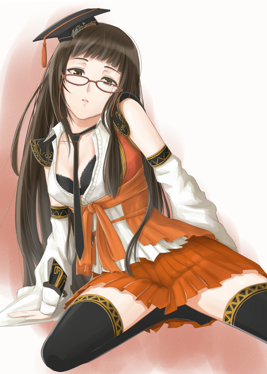 akitotika, bare_shoulders, black_legwear, bra, brown_eyes, brown_hair, detached_sleeves, glasses