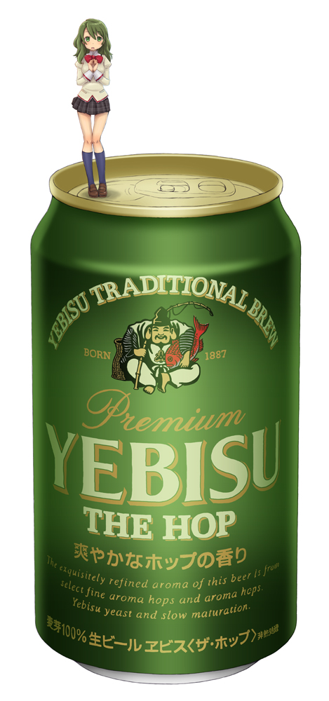 alcohol, beer, can, ebisu_(mythology), footwear, green, green_hair, hands_on_own_chest
