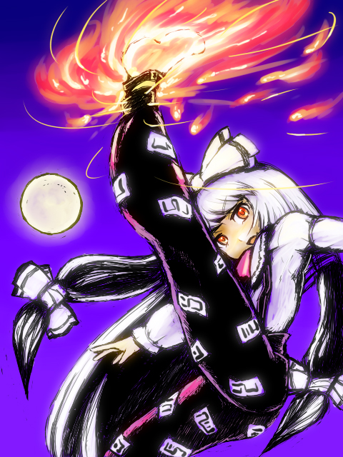 artist_request, finderia, fire, fujiwara_no_mokou, full_moon, hair_ribbon, kick, kicking