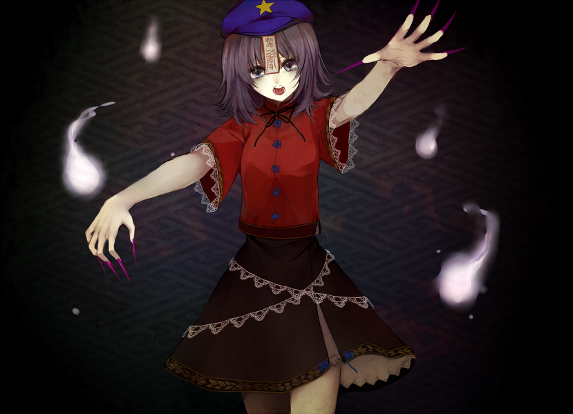:o, bad_id, beret, blue_eyes, blue_hair, fingernails, hat, hitodama