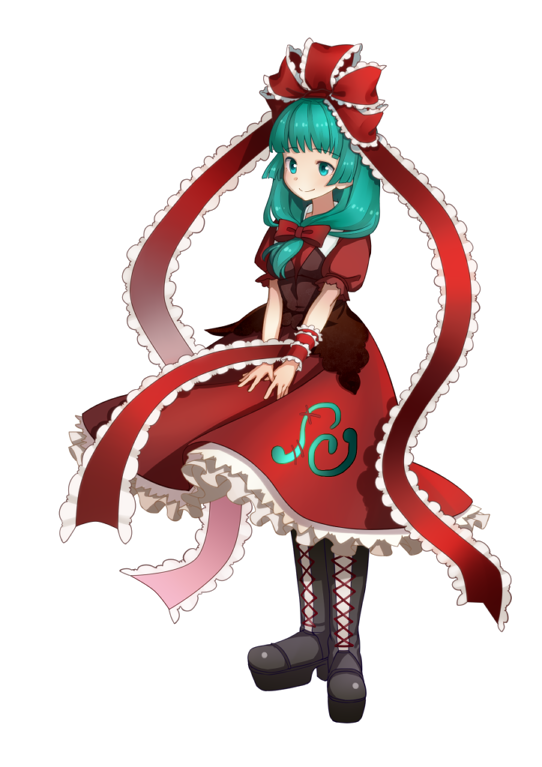 aqua_eyes, aqua_hair, boots, bow, cross-laced_footwear, frills, front_ponytail, hair_bow, kagiyama_hina, knee_boots, lace-up_boots, large_bow, long_hair, long_skirt, mugishima, ribbon, simple_background, skirt, smile, solo, touhou, transparent_background, white_background