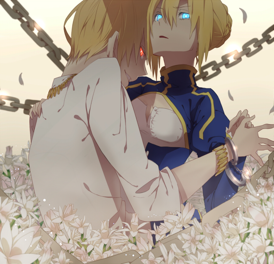 1boy, 1girl, ahoge, aqua_eyes, bad_id, blonde_hair, blue_eyes, bracelet