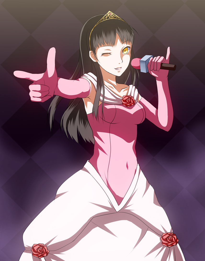 amagi_yukiko, bad_id, black_hair, checkered, checkered_background, dark_persona, dress, elbow_gloves, flower, gloves, kusuri_(medicine), long_hair, microphone, persona, persona_4, rose, solo, tiara, wink, yellow_eyes
