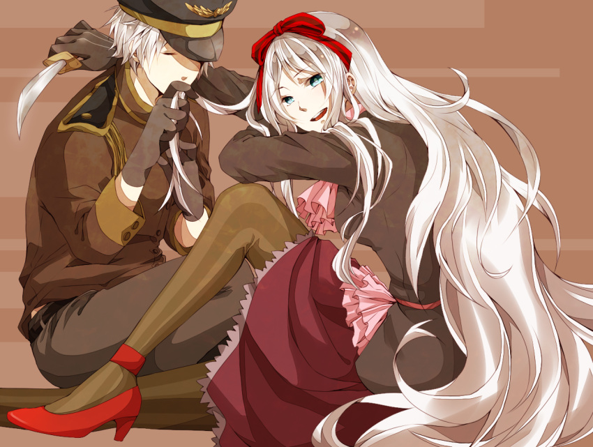 1girl, axis_powers_hetalia, bad_id, belarus_(hetalia), blue_eyes, closed_eyes, dress, eyes_closed, hair_ribbon, hat, high_heels, knife, long_hair, mako1124, open_mouth, pantyhose, prussia_(hetalia), ribbon, shoes, silver_hair, sitting, vertical-striped_legwear, vertical_stripes, very_long_hair