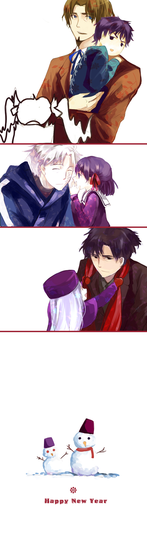 age_difference, emiya_kiritsugu, fate/zero, fate_(series), father_and_daughter, hat, highres, illyasviel_von_einzbern, kalalaka, kotomine_kirei, matou_kariya, matou_sakura, scarf, snowman, tohsaka_rin, tohsaka_tokiomi, toosaka_rin, toosaka_tokiomi, turn_pale, twintails, uncle_and_niece