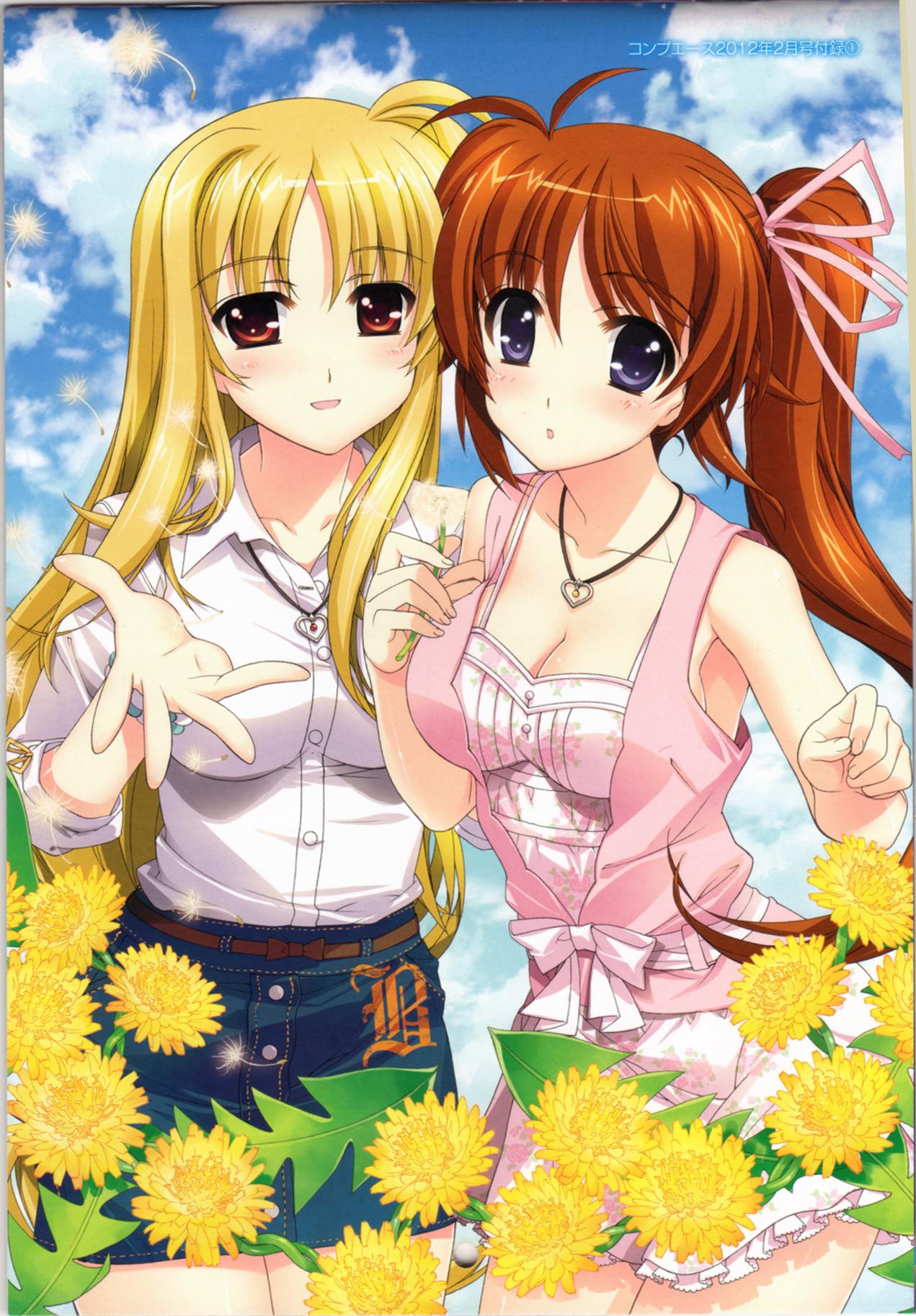 breasts, casual, casual_wear, cleavage, dress, fate_testarossa, fujima_takuya, highres, jewelry, jpeg_artifacts, lyrical_nanoha, mahou_shoujo_lyrical_nanoha, mahou_shoujo_lyrical_nanoha_a's, mahou_shoujo_lyrical_nanoha_a's, mahou_shoujo_lyrical_nanoha_strikers, multiple_girls, necklace, shirt, side_ponytail, skirt, skirts, takamachi_nanoha, yuri