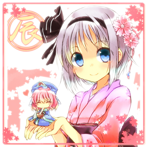 blue_eyes, cherry_blossoms, chopsticks, closed_eyes, eating, eyes_closed, flower, food, ghost, hair_flower, hair_ornament, hair_ribbon, hairband, hat, japanese_clothes, kimono, konpaku_youmu, minigirl, mochi, multiple_girls, obi, pink_hair, ribbon, saigyouji_yuyuko, short_hair, silver_hair, sitting, tensousui, touhou, triangular_headpiece, wagashi